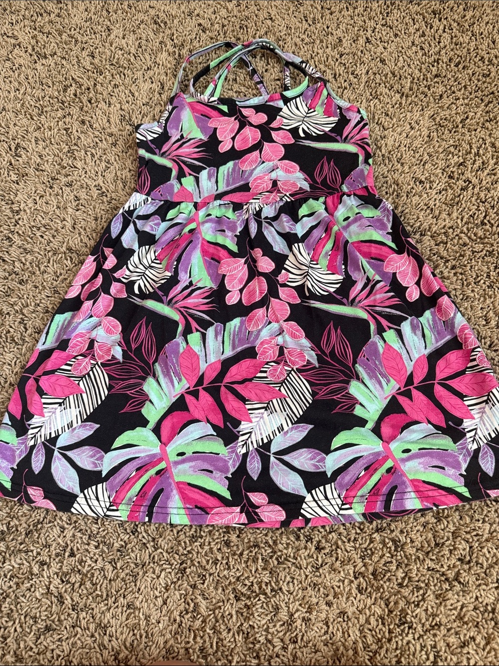 The Children's Place Black Dress with Pink & Mint Tropical Leaves